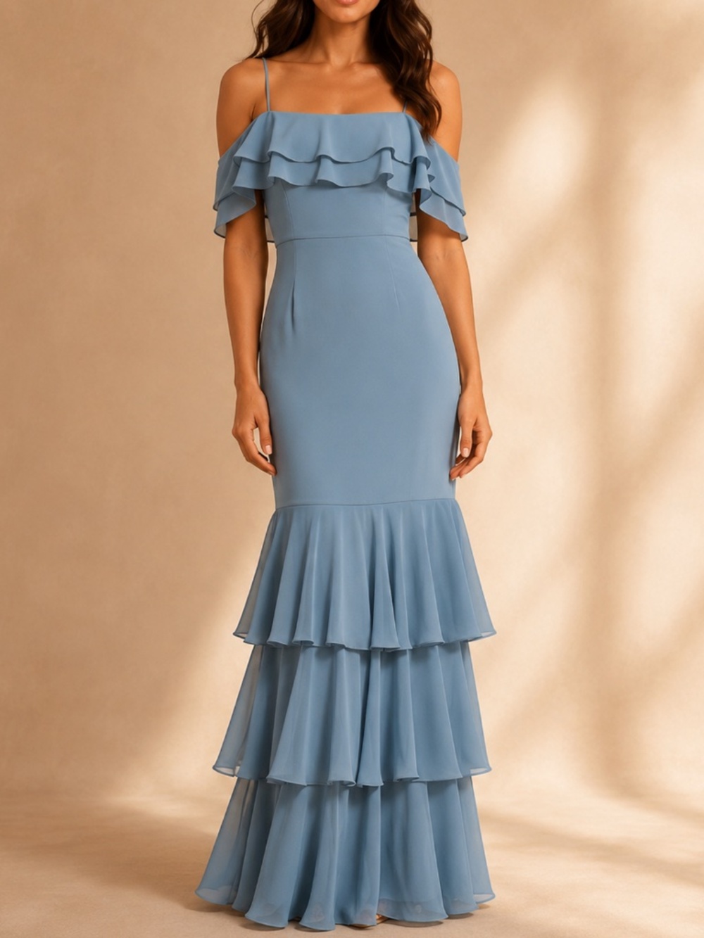 Fall Wedding Guest Dress Blue Off Shoulder Ruffle Maxi WAYF Small NWT